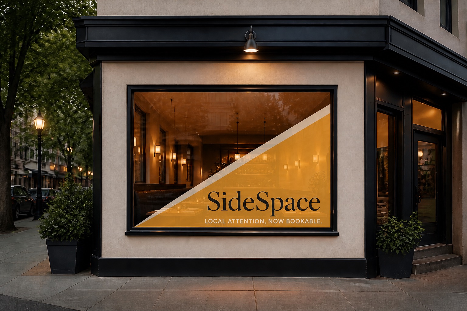 The same restaurant window with a translucent amber SideSpace vinyl
