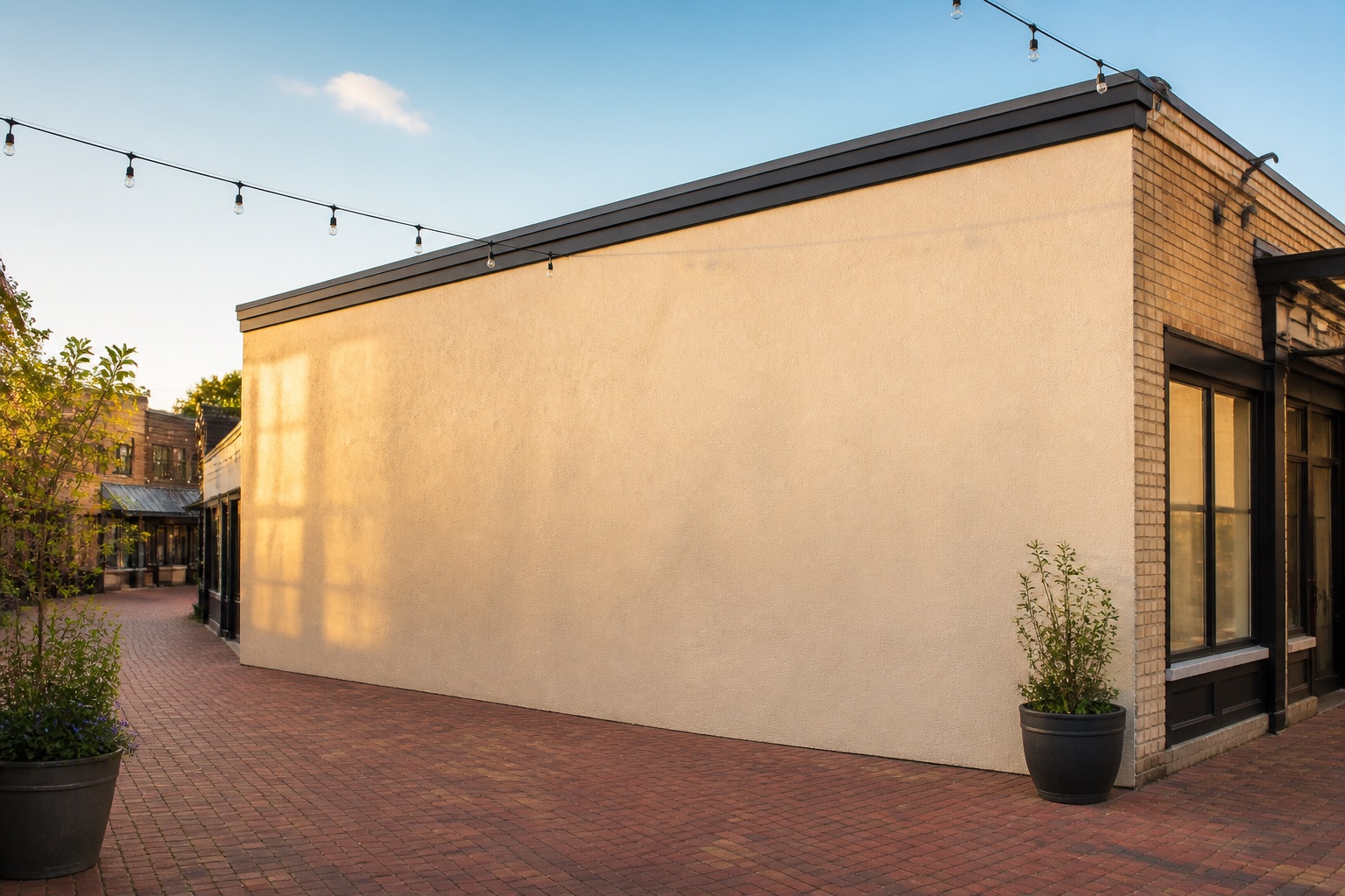 Blank cream side wall on a neighborhood corner building